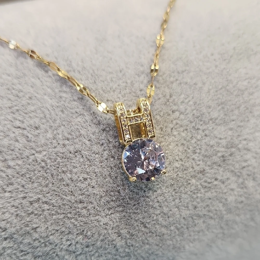 18k Gold Plated Stainless Steel Chain and H Pendant, Simulated Clear Diamonds